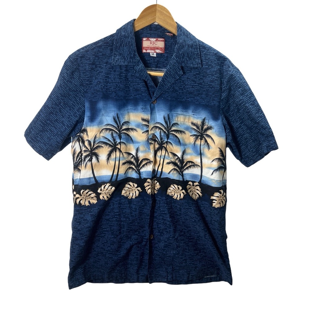 RJC Hawaiian Shirt Mens M Blue Palm Tree Sunset Aloha Made In Hawaii USA